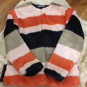 NEW Zara Striped Faux Fur Coat